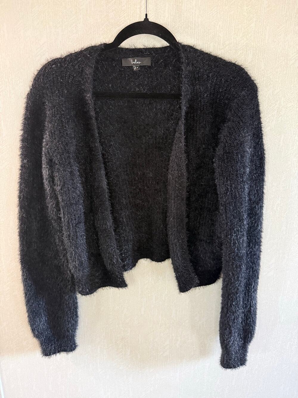 Lulus Black Fuzzy Eyelash Knit Cropped Open Front Cardigan Size Small